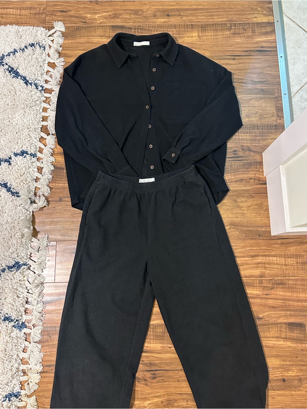 OAK + FORT Black Ribbed Track Pants & Matching Button-Front Top